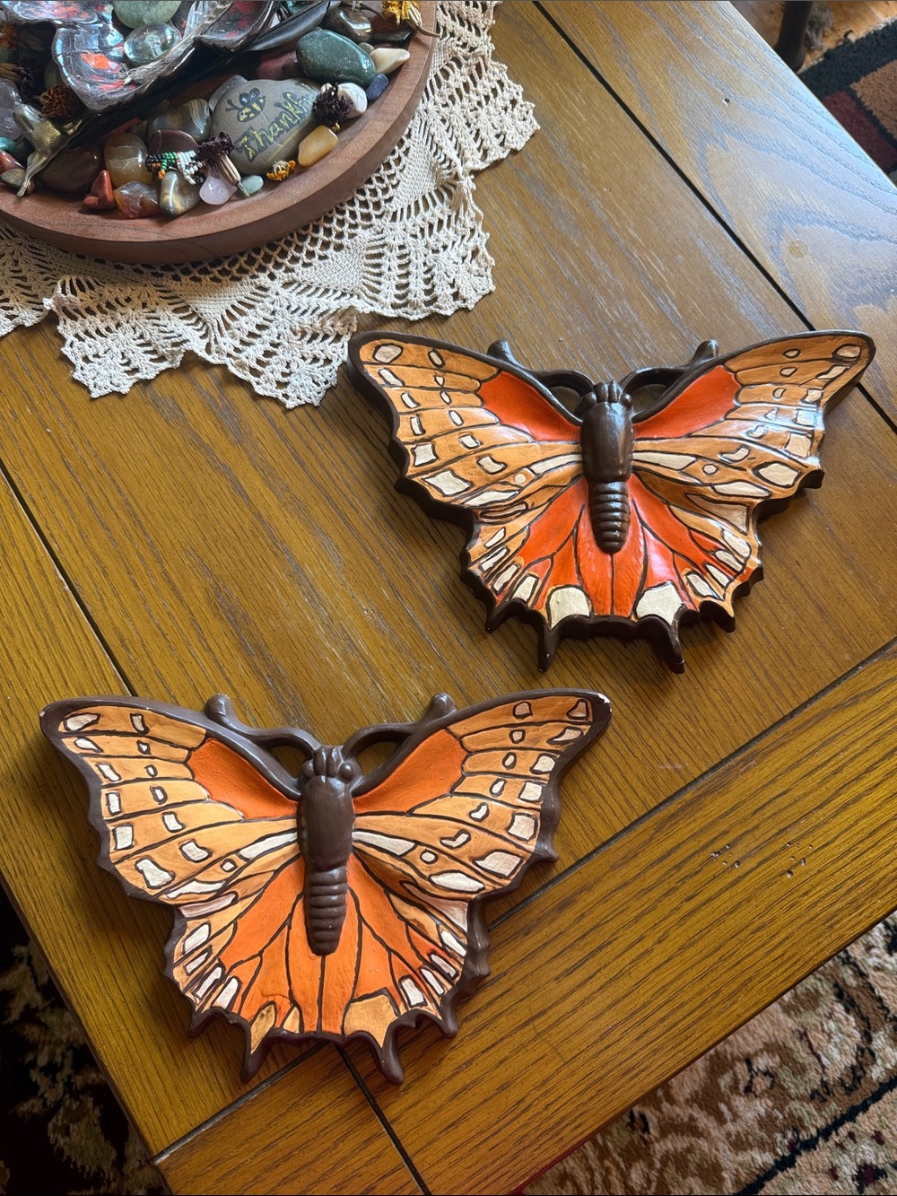 Set of Two Vintage Hand-Painted Butterfly Wall Plaques